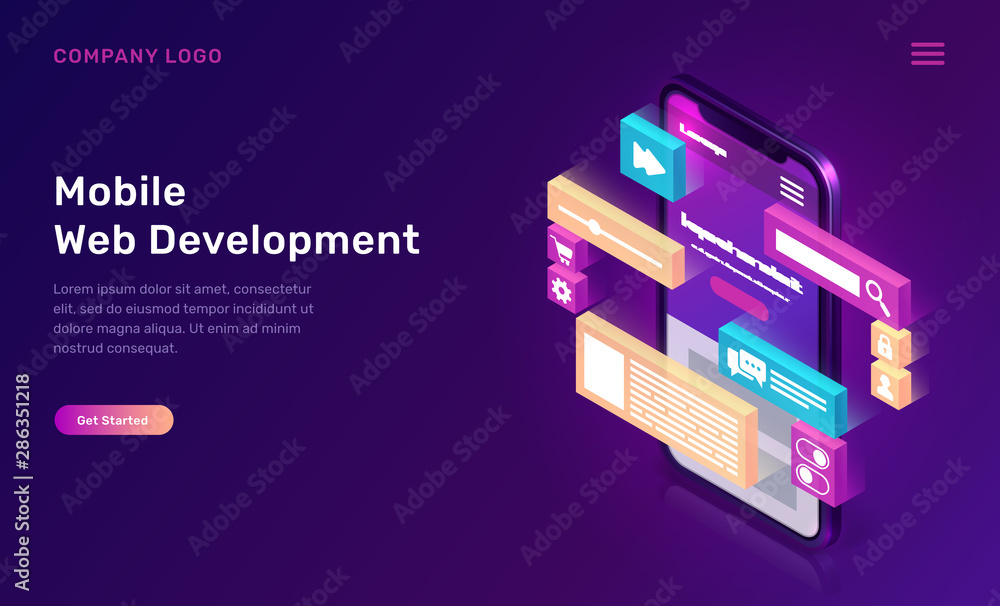 Poster mobile web development isometric concept vector illustration. landing page template for creating cus