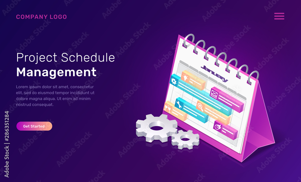 Poster project schedule management isometric concept vector illustration. software landing page template fo