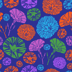 Petunia Party Abstract-Flowers in Bloom seamless repeat pattern in turquoise, purple ,orange,and green on blue background. Vivid and fresh Petunia Flowers Pattern Background. Flowers surface pattern