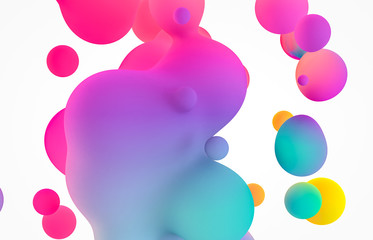 Abstract colorful 3d art background. Holographic floating liquid blobs, soap bubbles, metaballs.