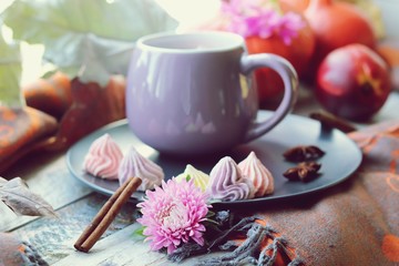 Cup of coffee, meringues, pumpkins, leaves, plaid on a window background, home comfort concept, Thanksgiving, autumn season