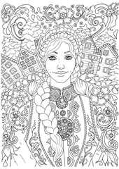 Norvegian scandinavian woman in traditional dress with ethnic background ornaments,  adult coloring book page