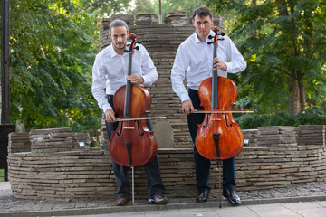 Cellist musician group perform music in the street, close up man playing violin