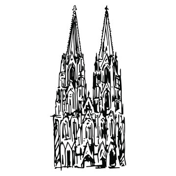 Cologne Cathedral in Germany. Gothic Christian temple. Kölner Dom. Hand draw sketch. Black and white silhouette.