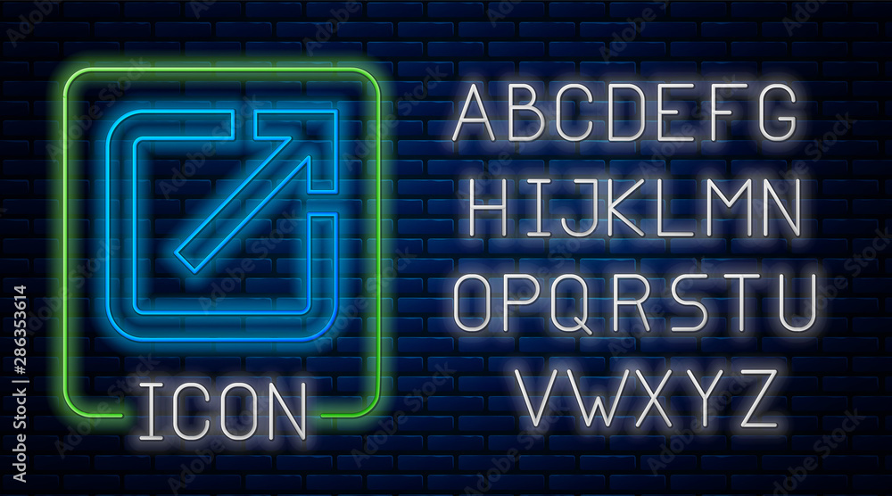 Poster glowing neon open in new window icon isolated on brick wall background. open another tab button sign