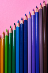 Color pencils on pink pastel background, close up. Set of colorful pencils, copy space. Crayons. Top view, flat lay. Back to school, college concept. Abstract background