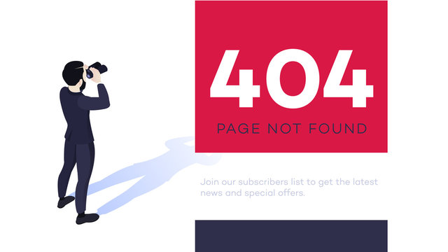 404 error page design concept. Isometric businessman looking with binoculars for 404 page.