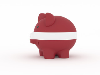 Fototapeta premium Finance, saving money, piggy bank on white background. Latvia flag. 3d illustration.