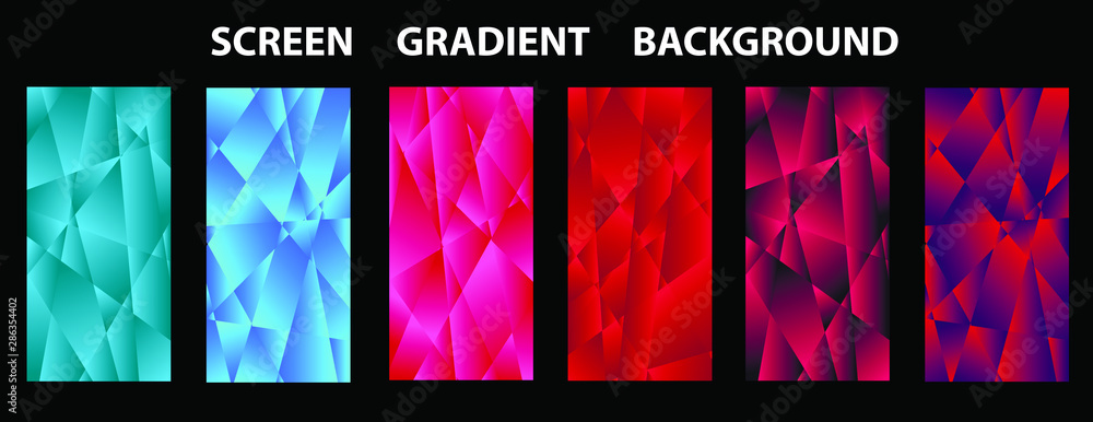 Poster set of colorful low poly vector pattern gradient set. modern smartphone screen, mobile app template.