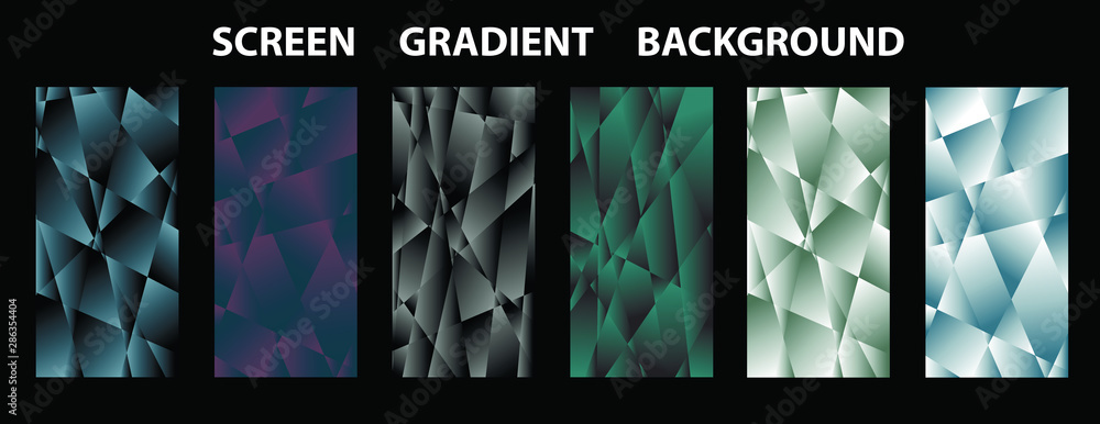 Poster set of colorful low poly vector pattern gradient set. modern smartphone screen, mobile app template.