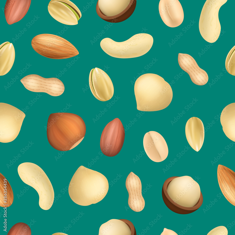 Poster realistic detailed 3d different types nuts seamless pattern background. vector