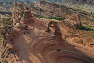 Aerial view of the rock formations and Delicate Arch in Arches National Park in Utah