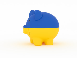 Finance, saving money, piggy bank on white background. Ukraine flag. 3d illustration.