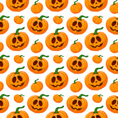 Seamless cartoon pattern of Happy Halloween face pumpkin. Autumn illustration.  Cute print on white background for design textile, fabric, wrapping paper and scrapbooking