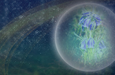 alien plants. blue extraterrestrial flowers of a cosmic plant Nature background. life on other planets. the reflection of the universe on the leaves