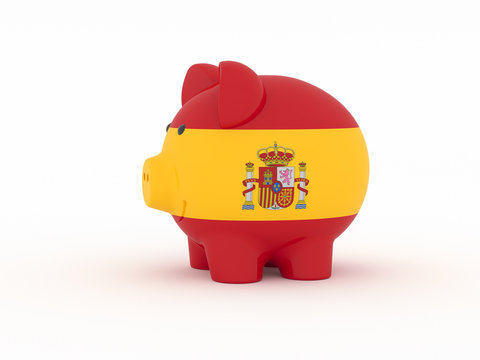 Finance, saving money, piggy bank on white background. Spain flag. 3d illustration.