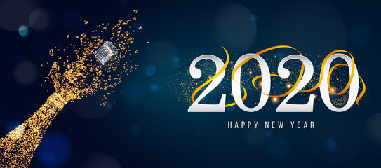 Fototapeta 2020 New Year. 2020 Happy New Year greeting card. 2020 Happy New Year background. 2020 Happy New Year background with gold glitter champagne bottle. obraz