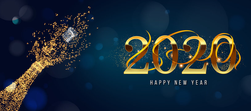2020 New Year. 2020 Happy New Year greeting card. 2020 Happy New Year background. 2020 Happy New Year background with gold glitter champagne bottle.