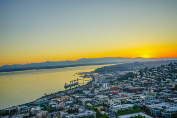 Beautiful sun set in waterfront downtown of Seattle, in Washington State	