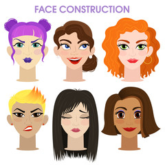 Woman character constructor cartoon woman face parts creation spare parts spares head animation body part vector illustration