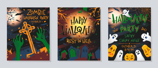 Set of Halloween posters with pumpkins,ghosts,graveyard,full moon,dead trees and bats.Halloween design perfect for prints,flyers,banners invitations,greetings.Vector Halloween illustrations.