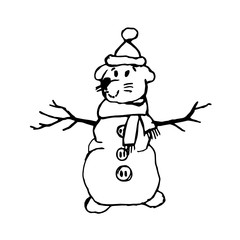 Hand drawn cute snowman mouse/rat. Symbol of New Year and Xmas greeting cards, posters, stickers and seasonal design. Isolated on white background. Doodle vector illustration. Scandinavian style.