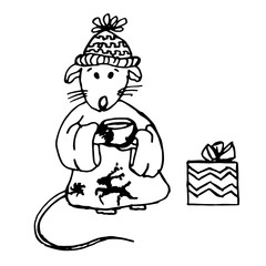 Hand drawn cute mouse/rat. Symbol of New Year and Xmas greeting cards, posters, stickers and seasonal design. Isolated on white background. Doodle vector illustration. Scandinavian style.