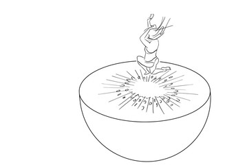 Young woman in bikini jumps into kiwi. Healthy food and active lifestyle symbol. Fun drawing. Vector design element. Isolated black contour. Hand drawn silhouette.