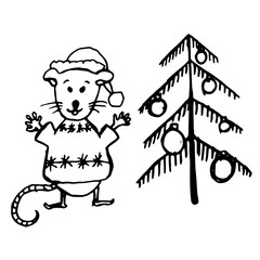 Single hand drawn mouse/rat. Symbol of New Year and Xmas greeting cards, posters, stickers and seasonal design. Isolated on white background. Doodle vector illustration. Scandinavian style.