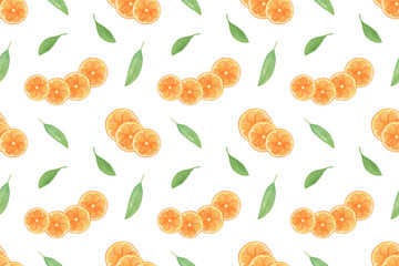 Hand drawn watercolor orange slice and leaves seamless pattern on the white background, simple repeat pattern