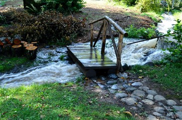 a wooden bridge on the river