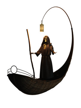 Charon the ferryman appearing like a robed skeleton extents his bony hand. He expects a coin to ferry you across the Styx to the lands of the dead. On a white background. 3D Rendering.