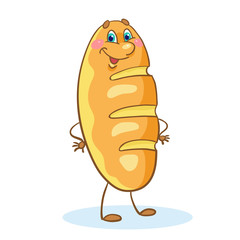 Funny long loaf in cartoon style stands isolated on white background.