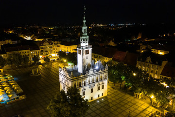 Night shot of a renaissance Town Hall in the middle of a town square