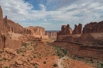 Fototapeta na wymiar Panoramic aerial view of the rock formations in Arches National Park in Utah
