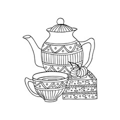Tea with cake. Hand drawn coloring page. Hand drawn vector illustration.