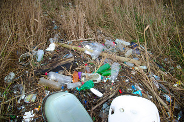 Washed-up plastic litter along shore of Thames Estuary, Kent, UK