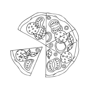 Pizza. Hand drawn coloring page. Hand drawn vector illustration.
