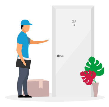 Door-to-door Delivery Flat Vector Illustration. Deliveryman, Courier Ring Doorbell Isolated Cartoon Character On White Background. Postman Delivered Parcel, Package To Door. Shipping Service Concept