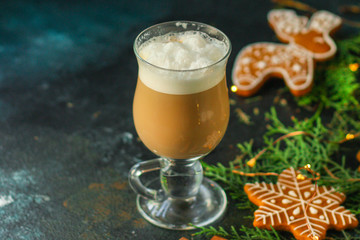 coffee milk, festive christmas mood (cappuccino, new year holidays) concept top. food background. copy space