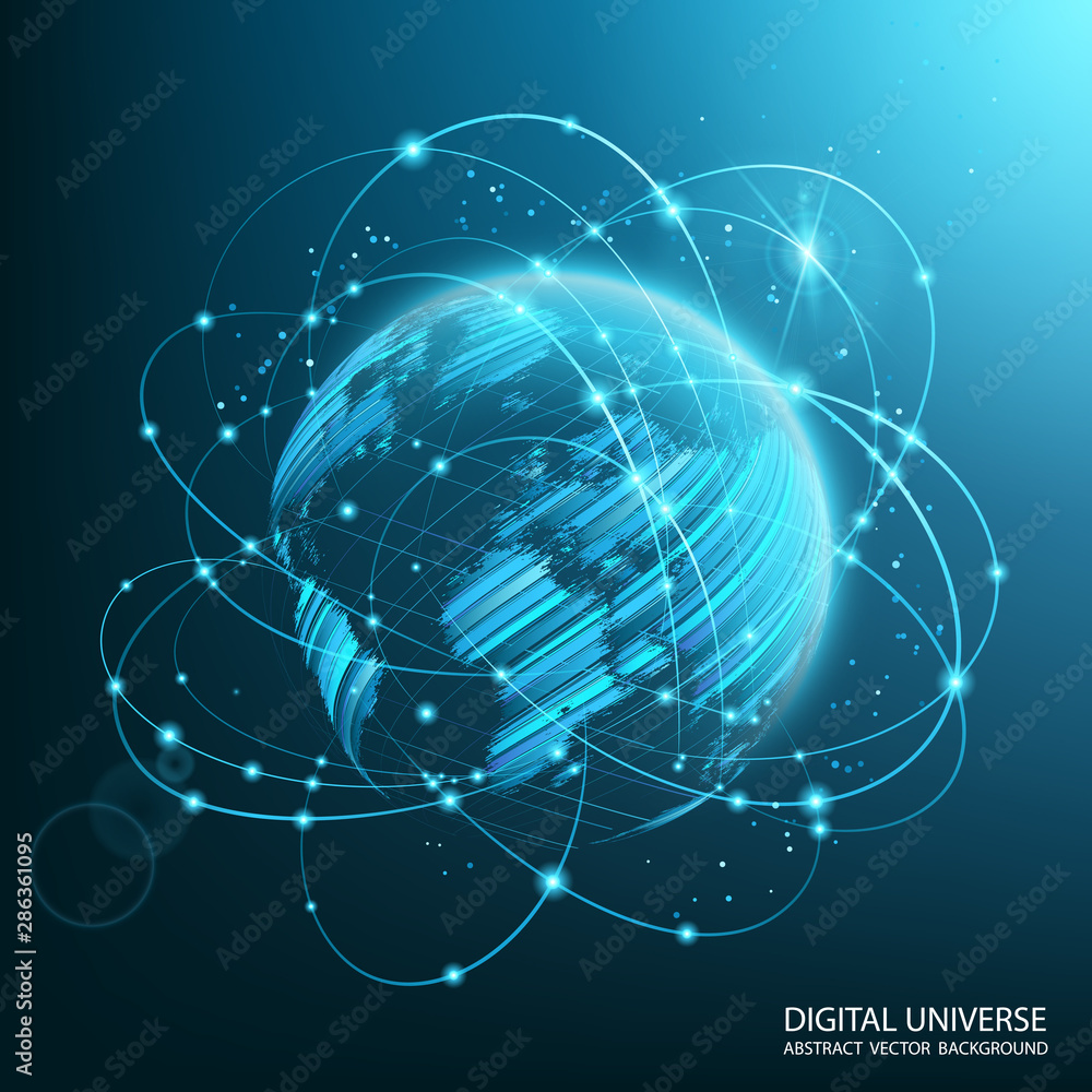 Poster map of the planet. world map. blue futuristic background with planet earth. global social network. f