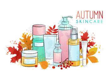 Illustration of autumn seasonal skincare routine and treatment. Leaves and berries, cleanser, lotion, eye cream, essence, serum, balm, toner. Cosmetics, treatment. Watercolor texture background