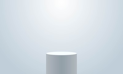 Realistic empty round podium with spotlight effect. Pedestal or white round cylinder stand on white background. Mock up template for your design. Concept for advertising or presentation.