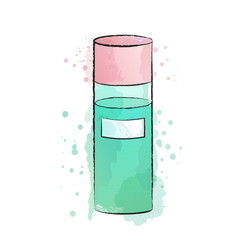 Vector illustration of toner, lotion or micellar water. Skincare routine. Watercolor texture background. Cosmetics package mockup. Treatment. For fashion magazine, web, beauty blog. Cosmetology.