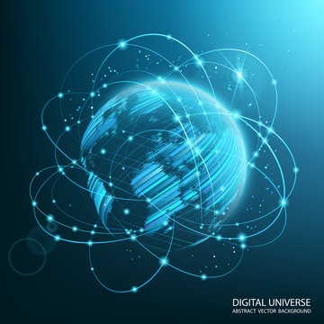 Map of the planet. World map. Blue futuristic background with planet Earth. Global social network. Future. Vector. Internet and technology. Floating blue plexus geometric background.  .