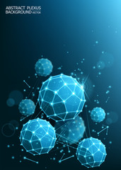 Fototapeta na wymiar Modern abstract blue background. Complex geometric shapes. Futuristic 3d polyhedrons. Blur effect. Microbiology and medicine. The genetic structure of an atom. Dots and lines. Vector.