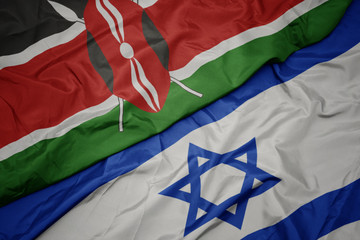 waving colorful flag of israel and national flag of kenya.