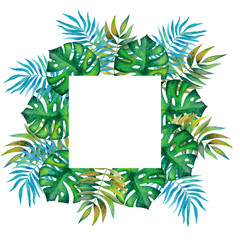 Frame with tropical leaves, watercolor 