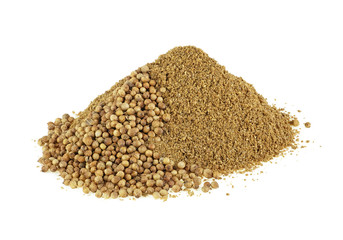 Pile of coriander powder with seeds isolated on a white background