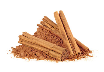Ceylon cinnamon sticks with powder on a white background - obrazy, fototapety, plakaty